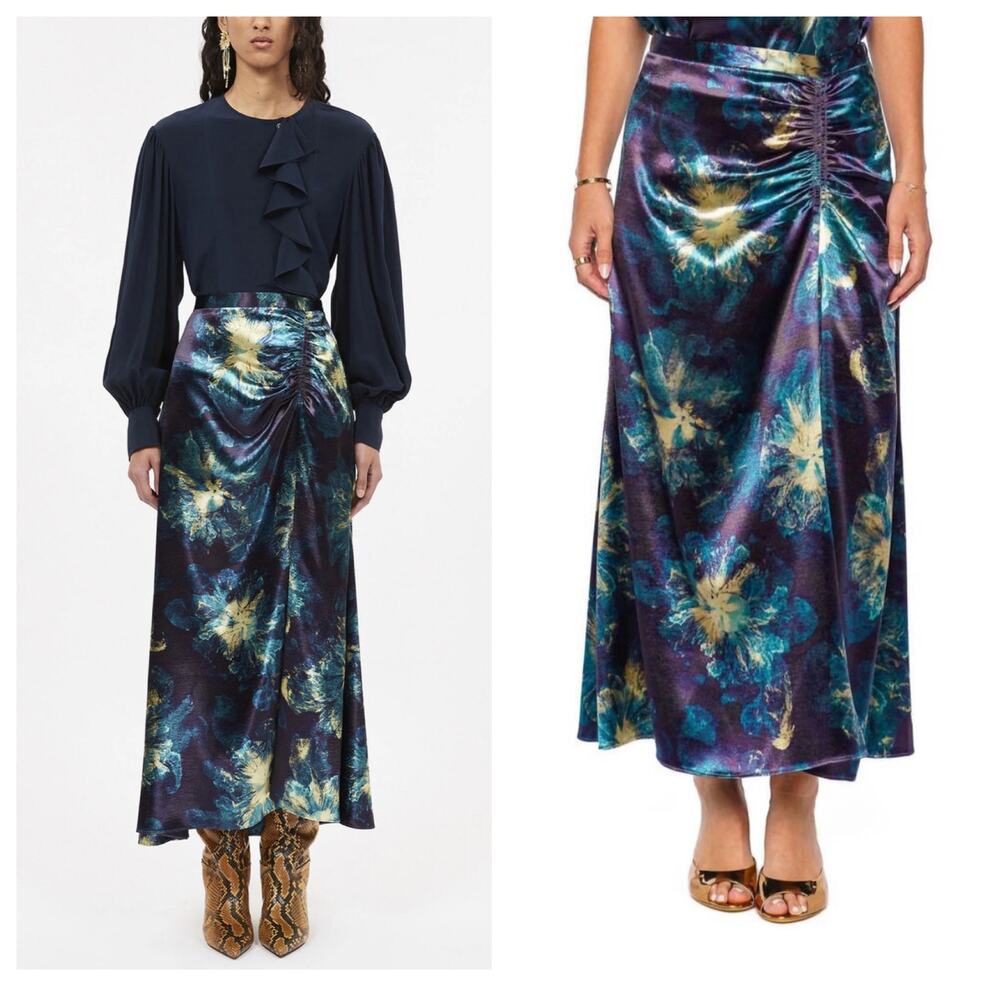 Ulla Johnson Ines Blue Floral Satin Midi Skirt Size 0